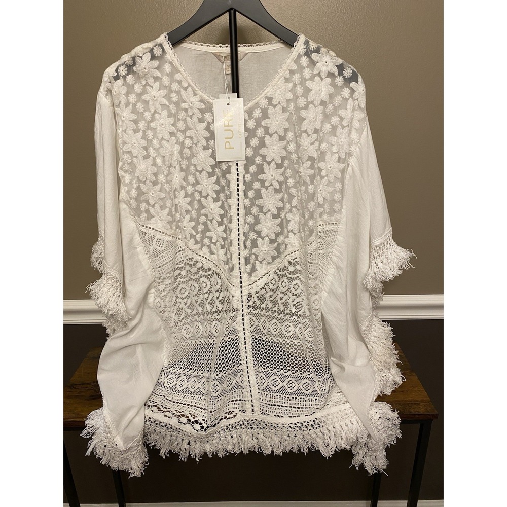 Pure by Exist Beach Swim Cover-Up White Cotton Fringe Size S/M